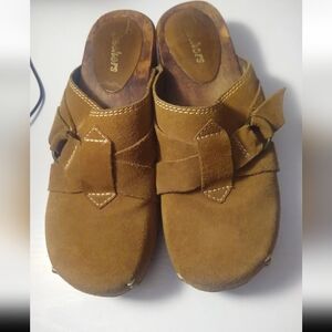 Skechers Women's 8 Clogs Brown Suede Slip On Mule Buckle Strap Chunky Wood Sole